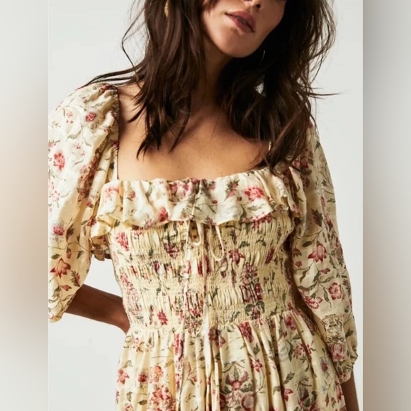 Free People Printed Oasis Shirred Smocked Square Neck Midi Dress Large - Picture 3 of 16